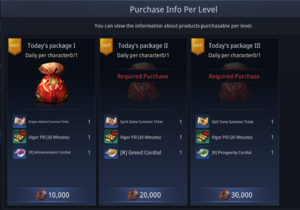 The three daily "Step Up" bundles in the MIR4 cash shop